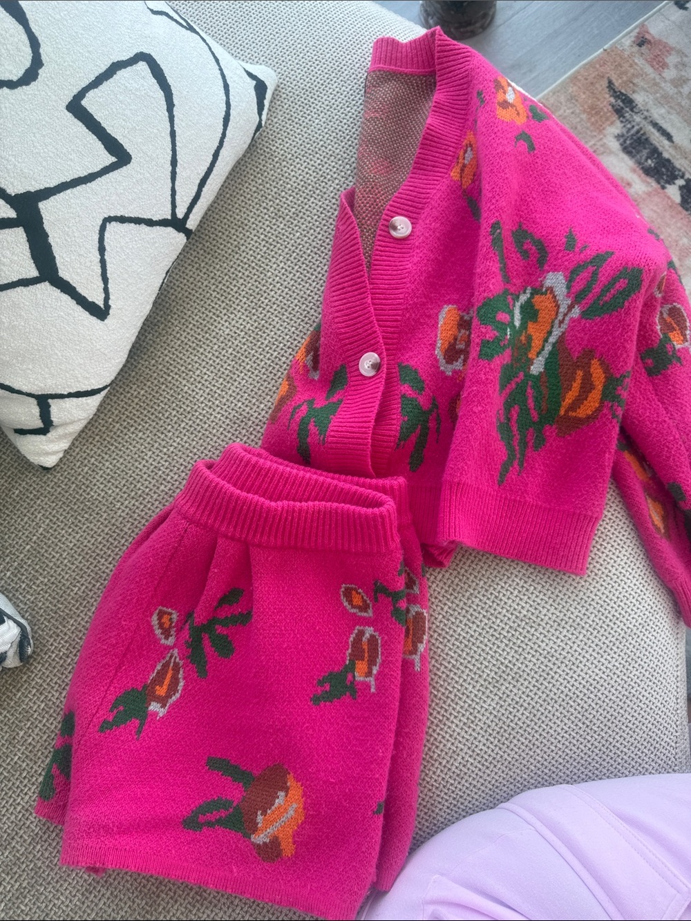 Cider Pink Floral Knit Cardigan and Skirt Set